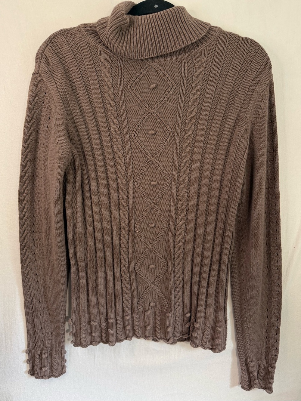 Y2K RXB Brown Turtleneck Cable knit Sweater Pompom accent Cotton Blend Size XL